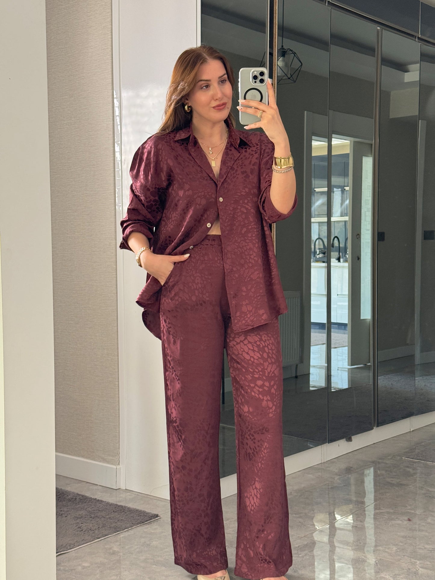 Leopar desenli İkili Takım Bordo
