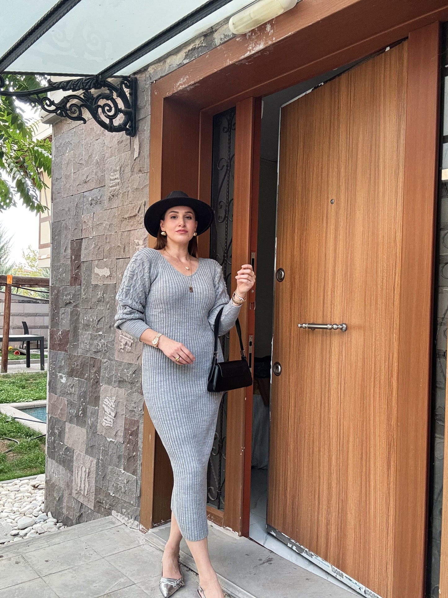 Fitilli Elbiseli Pançolu İkili Triko Takım - GRİ
