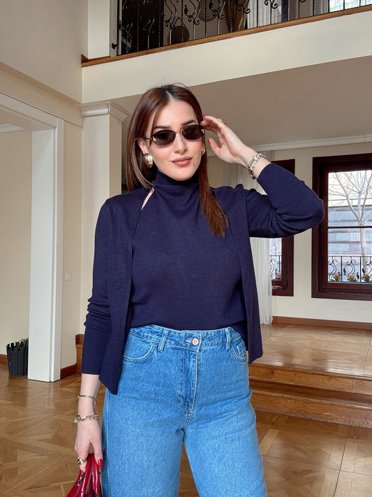 Halter yaka tek parça ceket-LACİVERT