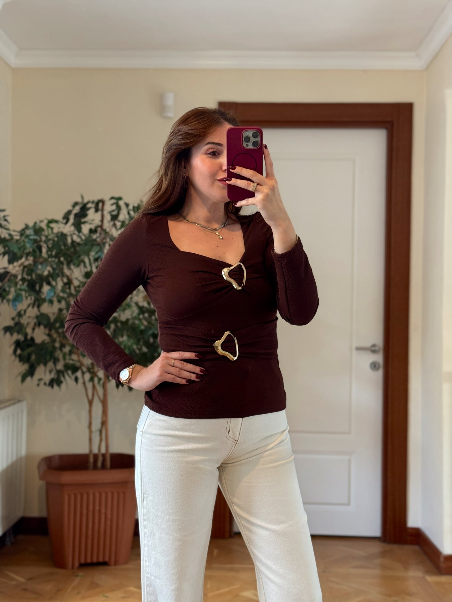 Çift tokalı bluz-KAHVERENGİ