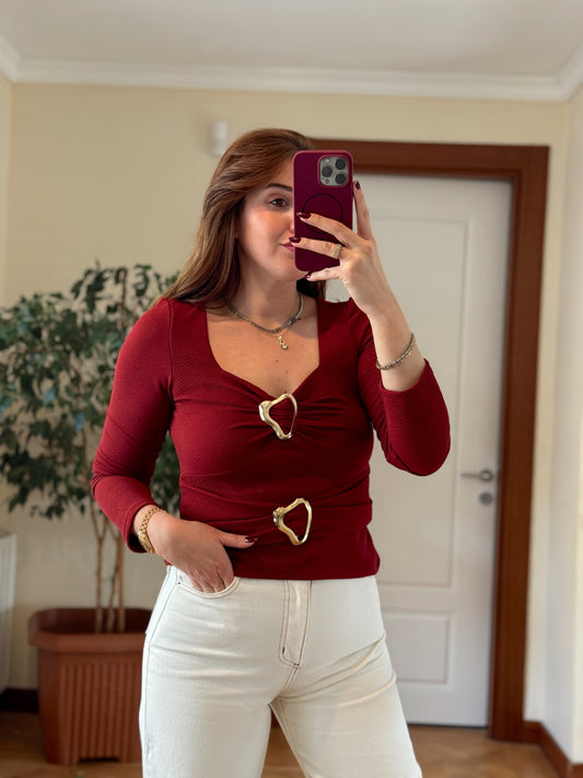 Çift tokalı bluz-BORDO