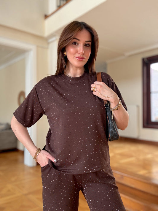 Taşlı kısa kollu ikili takım Kahve