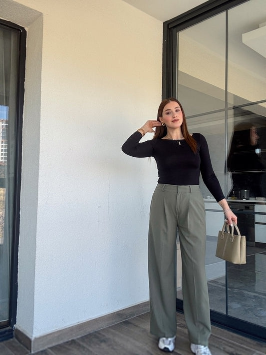 Çıtçıt detaylı palazzo pantolon-HAKİ