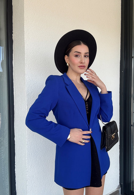 Gümüş Düğme ADELE Astarlı Ceket - SAKS MAVİ