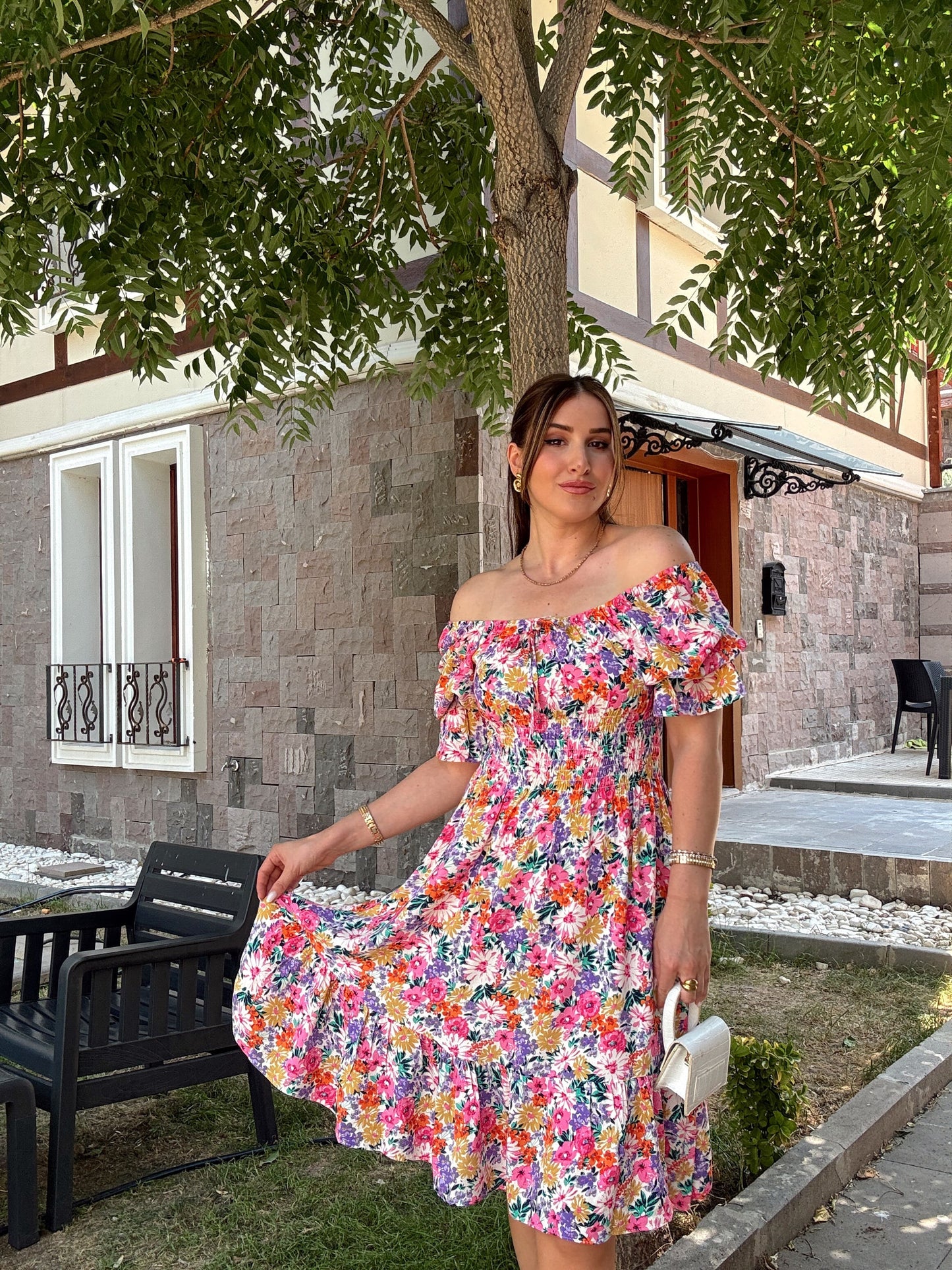 Madonna yaka gipeli elbise -PEMBE