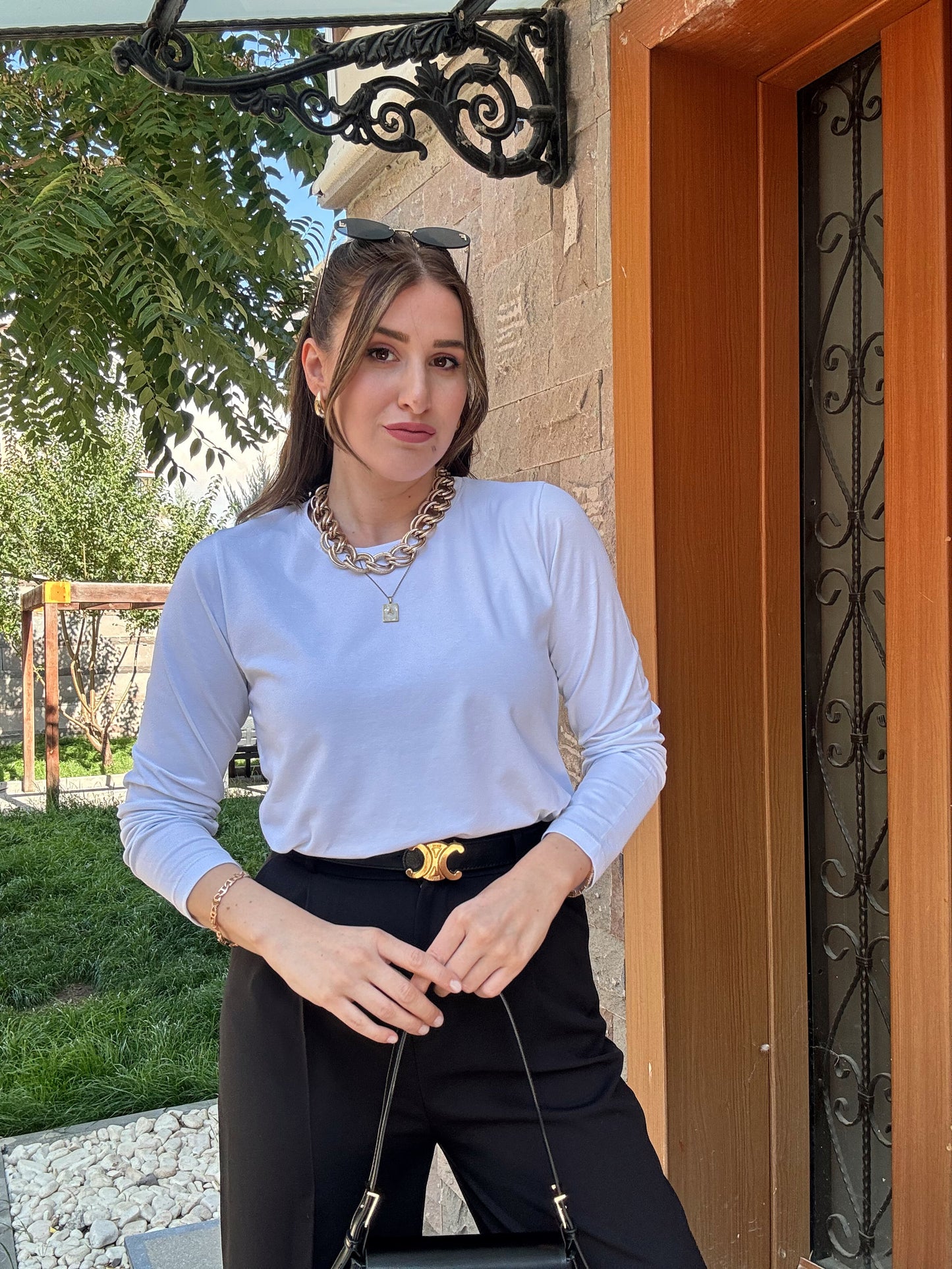 Basic Sıfır Yaka Uzun Kol Badi - BEYAZ