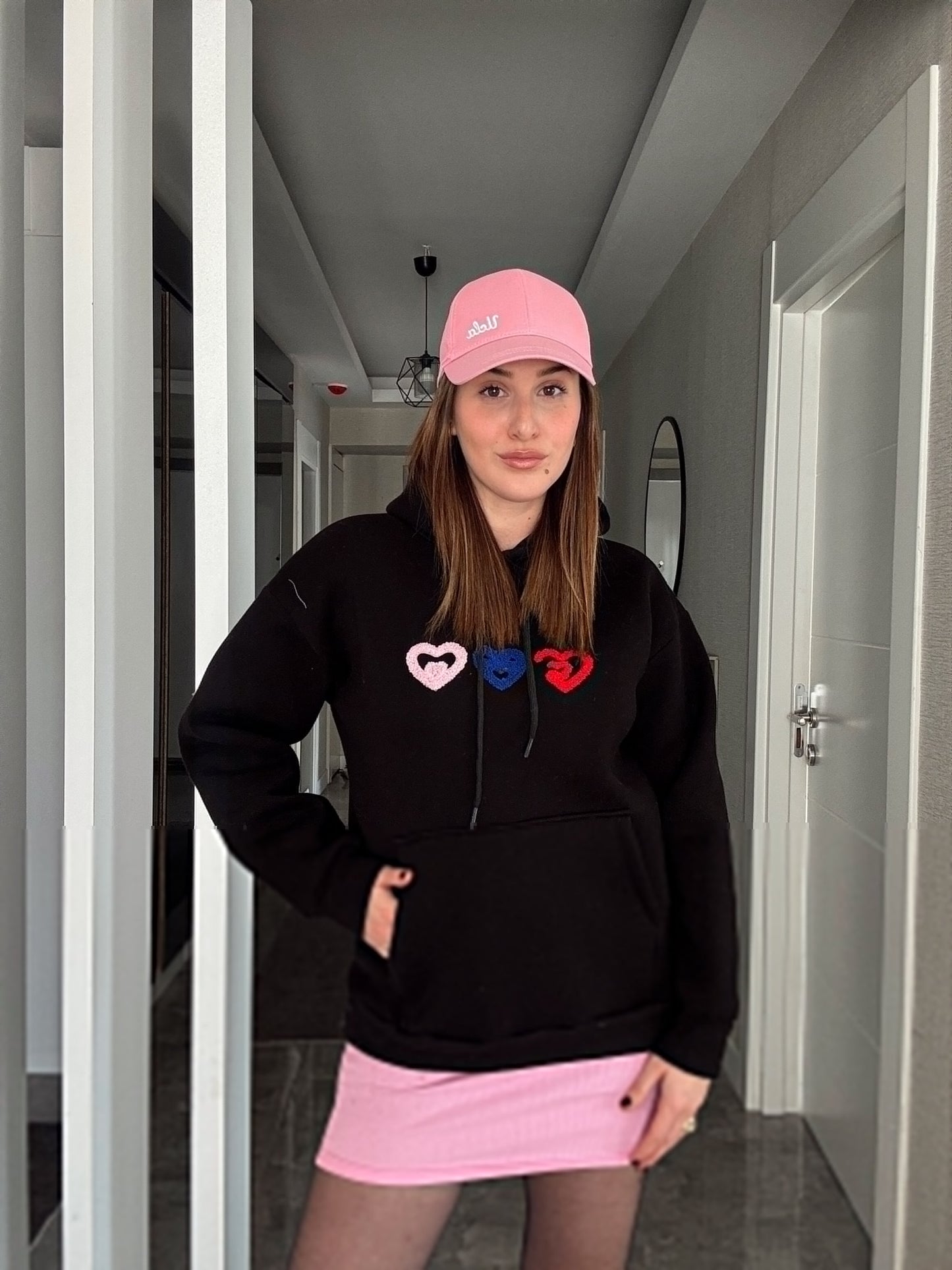 Kalp İşleme Kapüşonlu 3 İplik Sweatshirt - SİYAH