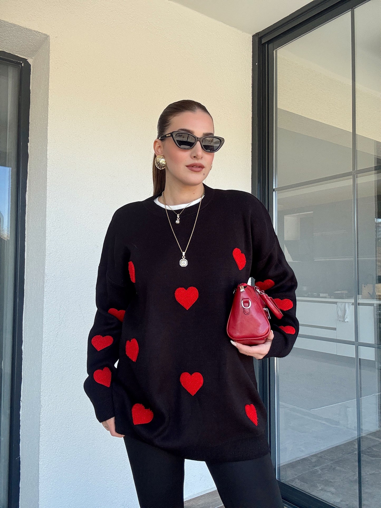 Kalp İşleme Triko Kazak - SİYAH