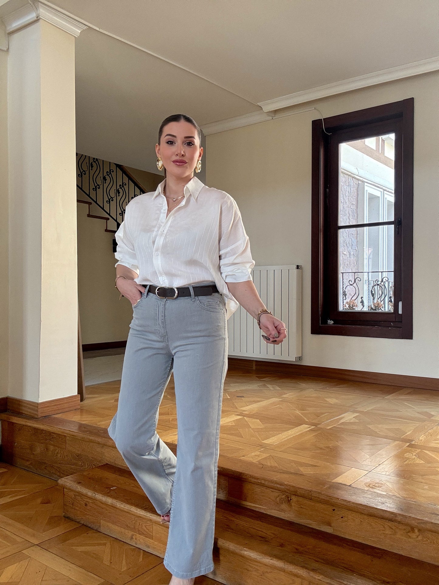 Kemerli bol paça palazzo pantolon GRİ
