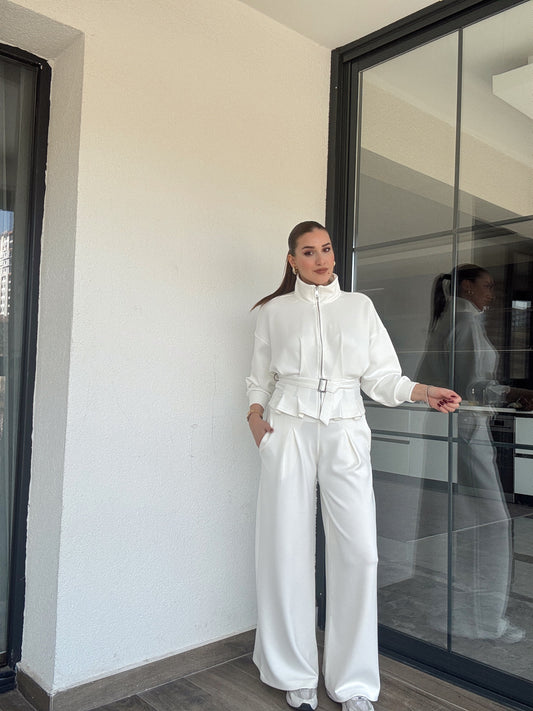 Modal kumaş dik yaka etek pileli ceket pantolon takım-BEYAZ