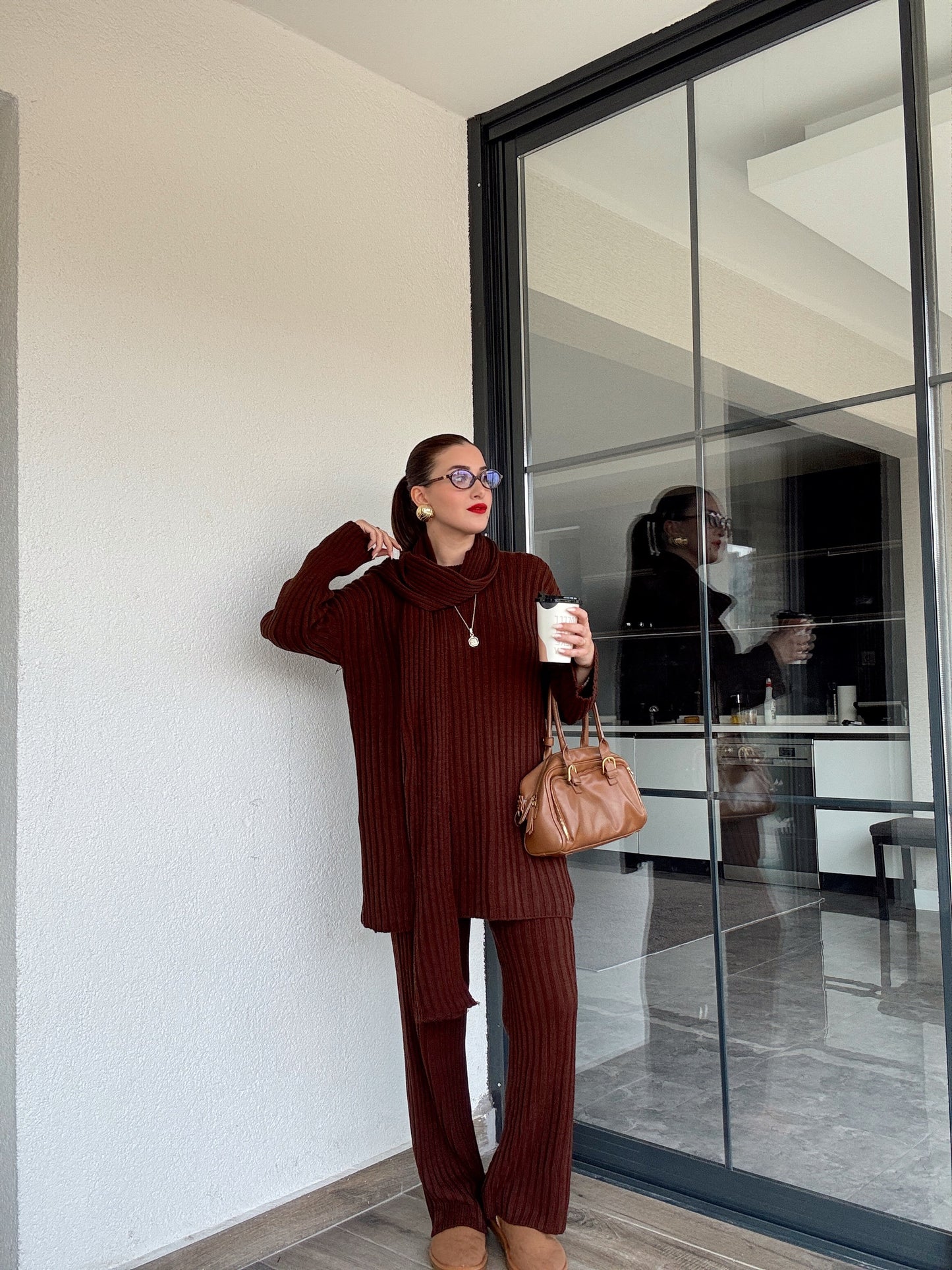 Şallı triko takım-KAHVERENGİ