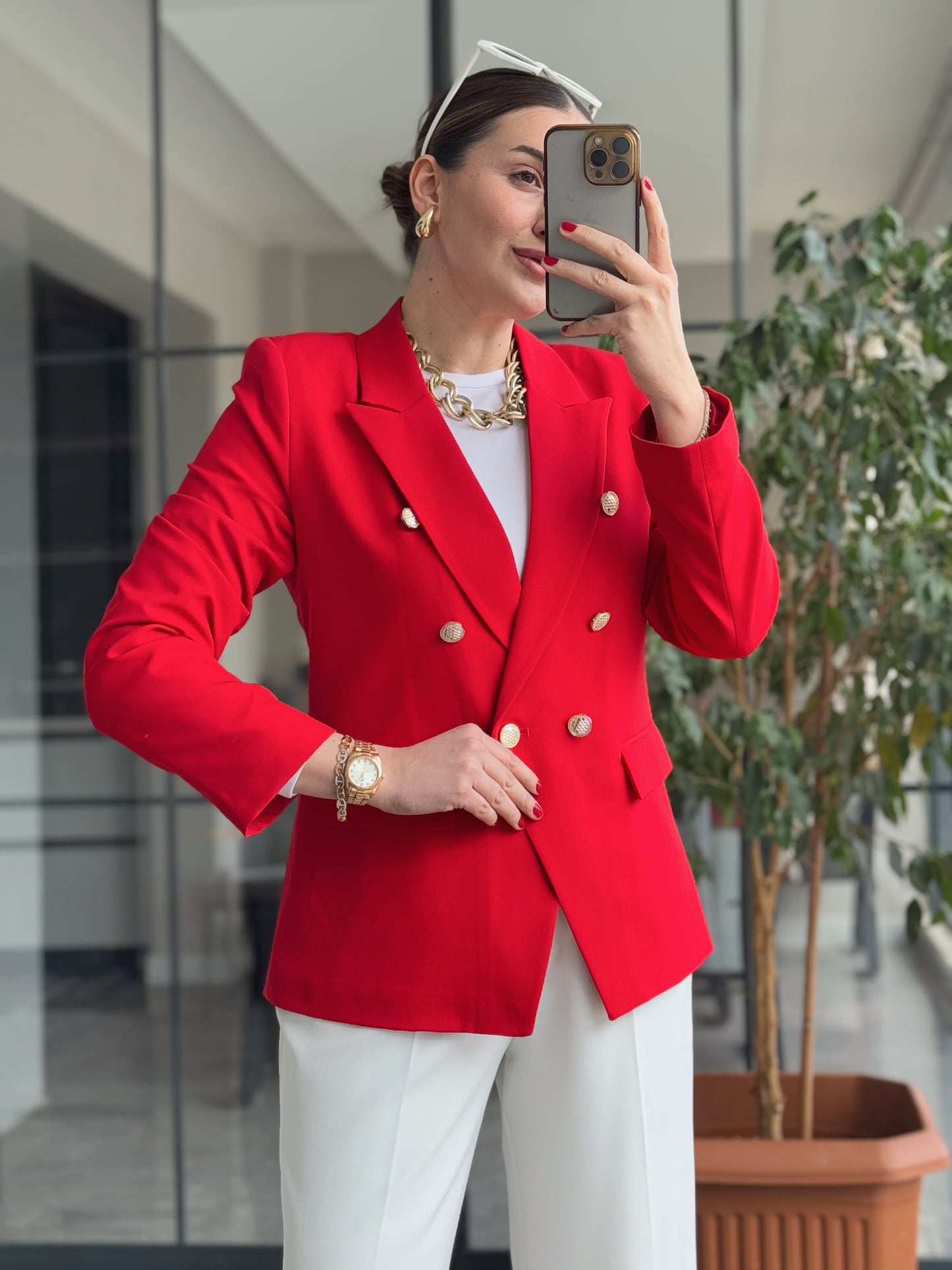 DIANA Düğmeli Astarlı Ceket - KIRMIZI