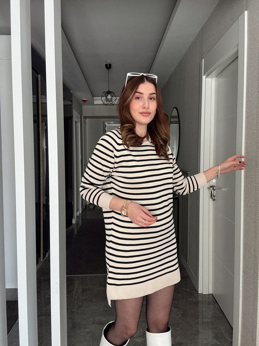 İTALYAN KOL ÇİZGİLİ POLİELİT KAZAK - VİZON