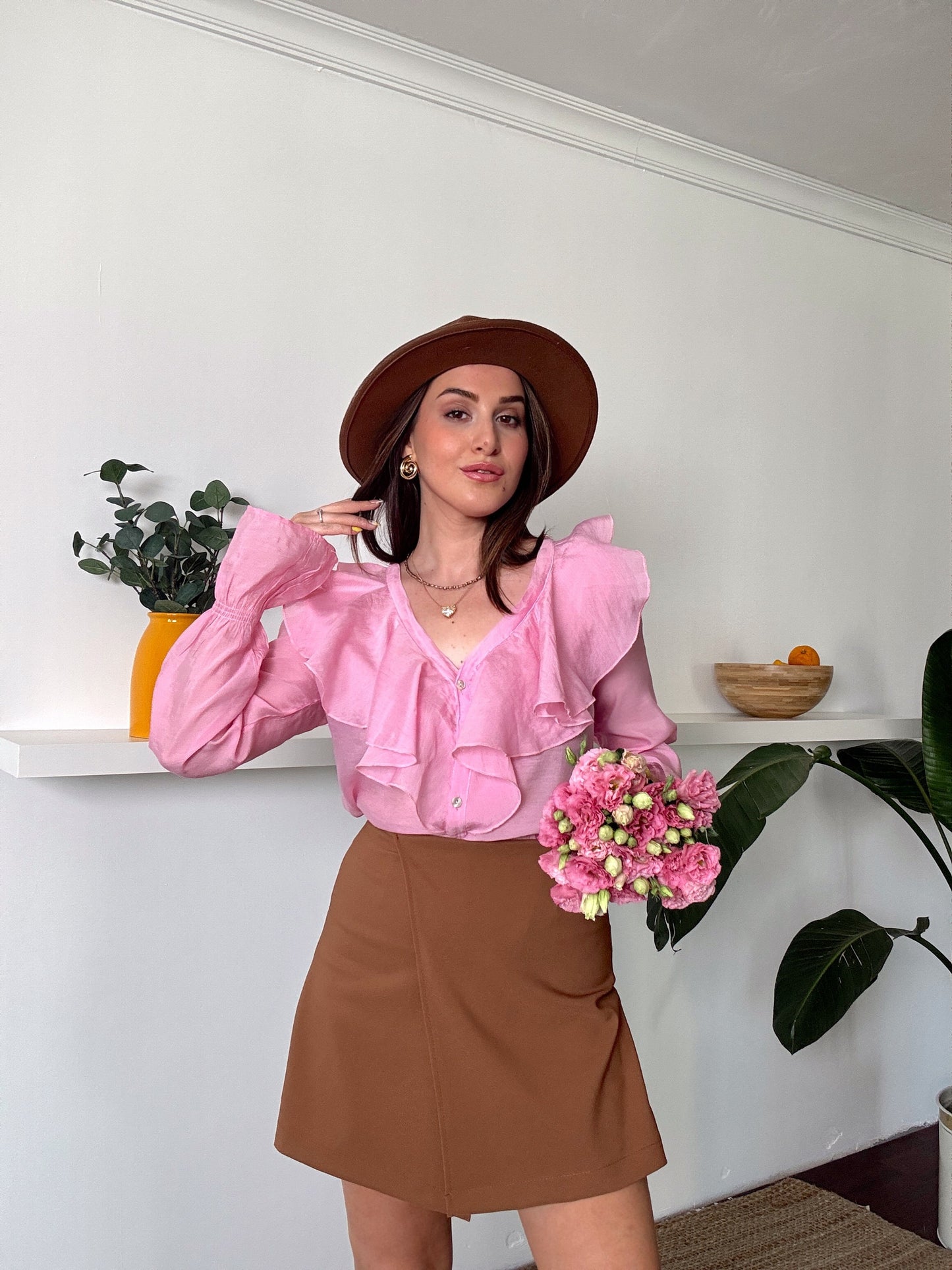 Fırfır Detaylı Aerobin Kumaş Gömlek Pembe
