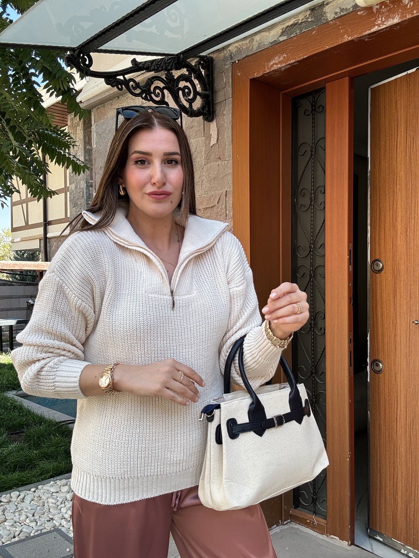 Geniş Fermuar Yaka Selanik Kazak LATTE