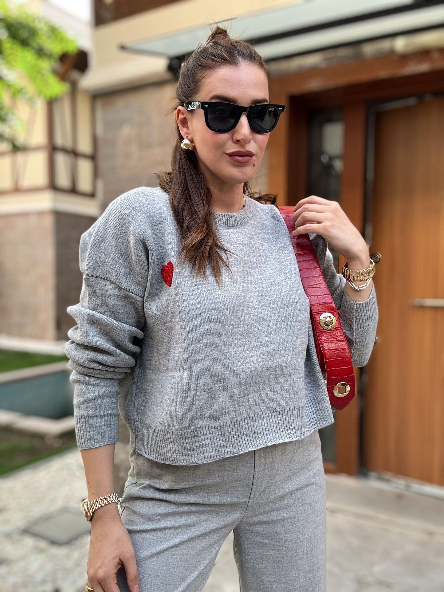 Kalp Aplikeli Crop Kazak - GRİ