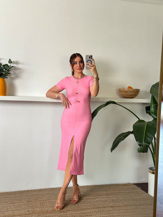 Yarım kol ottoman düğmeli elbise PEMBE