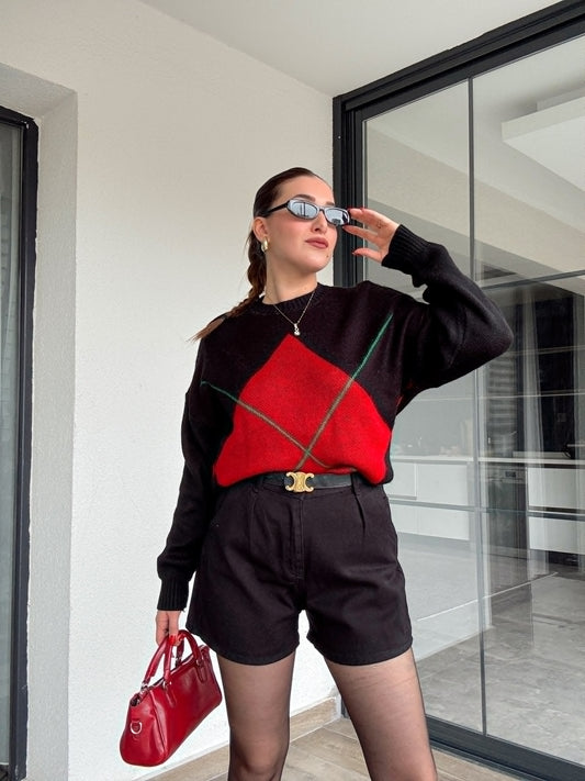 Klasik baklava desenli kazak SİYAH