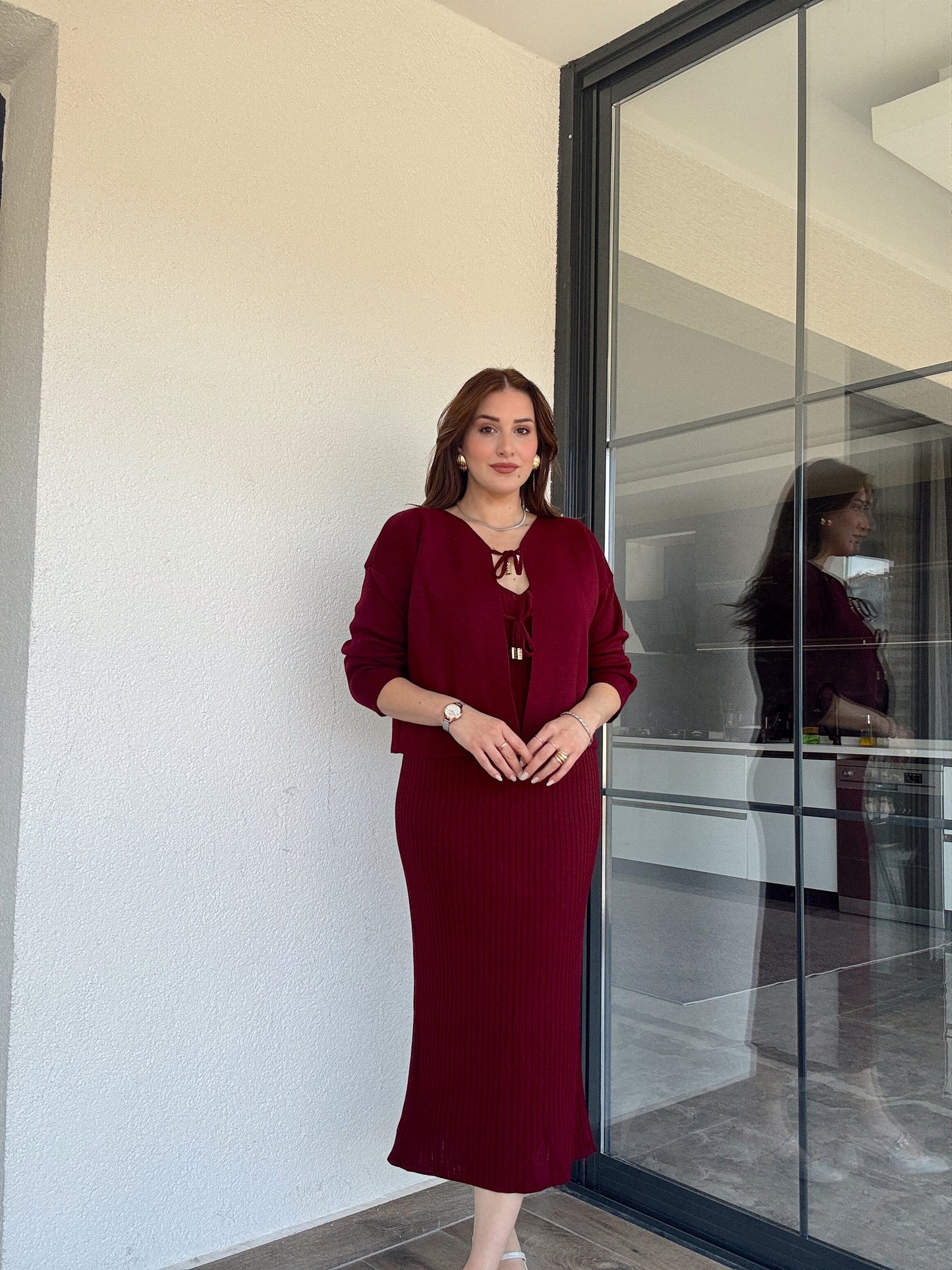 Önü Bağlama Jileli Triko Takım Bordo