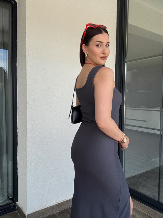 Ön Kare Yaka Elbise - FÜME