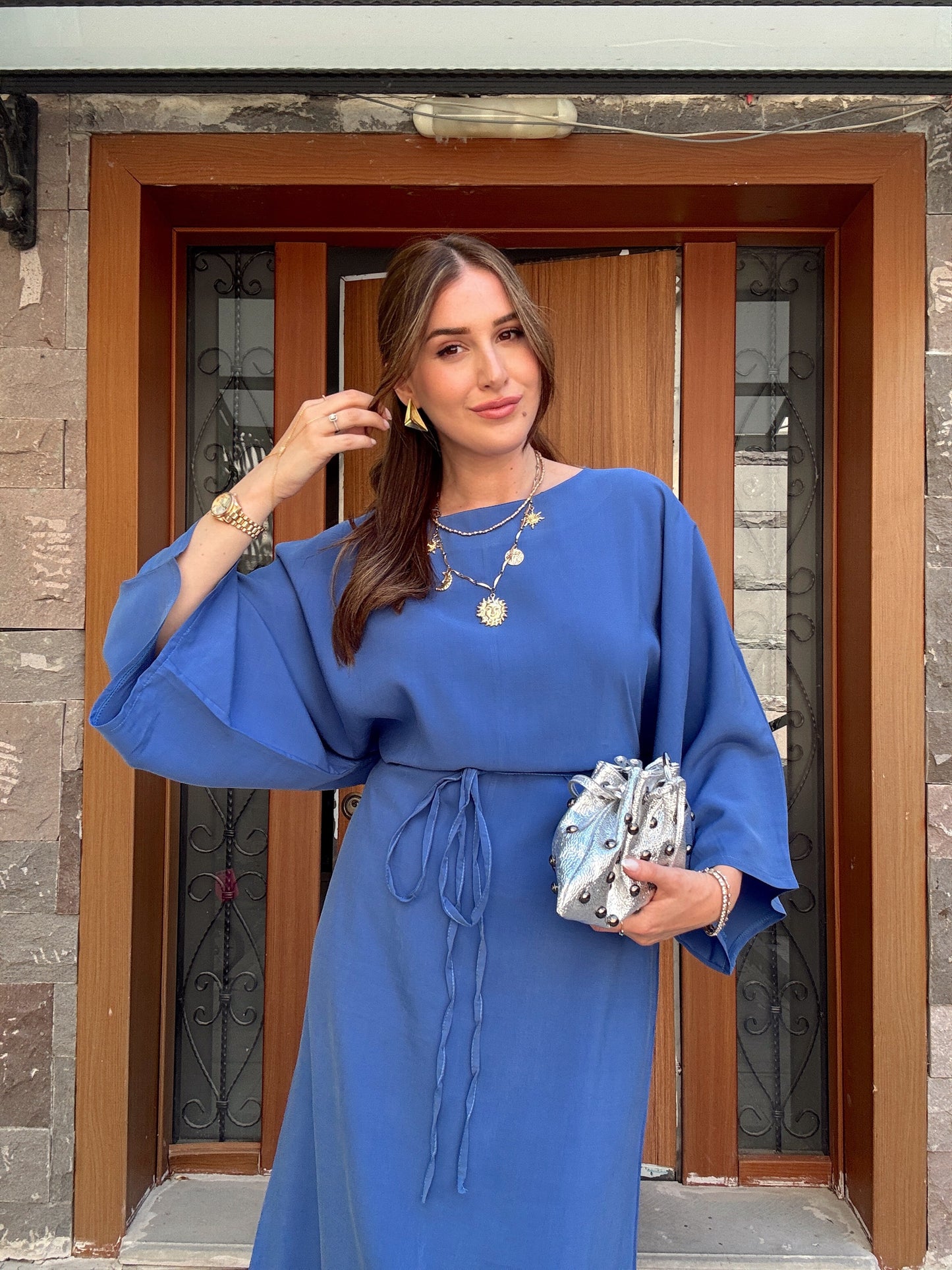 Bağlama Model Cupra bel Kuşaklı Yarasa Kol elbise Mavi