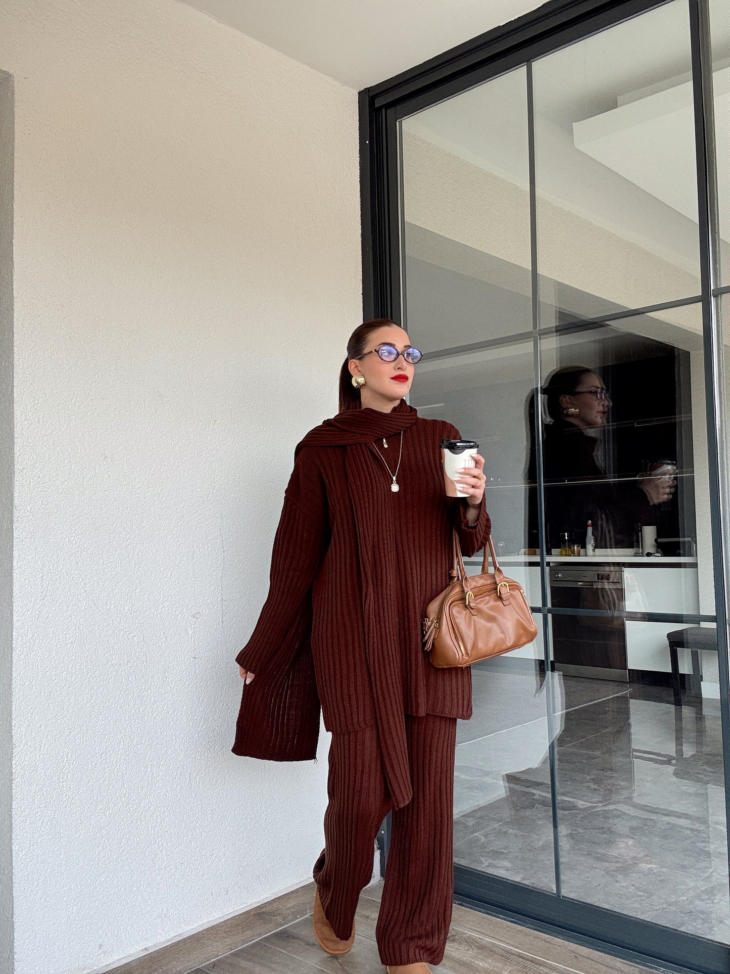 Şallı triko takım-KAHVERENGİ