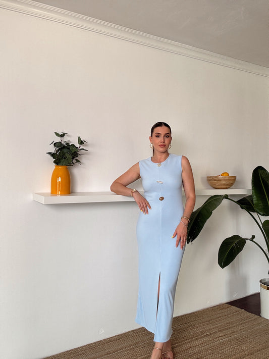 Ottoman sıfır kol düğmeli elbise Mavi
