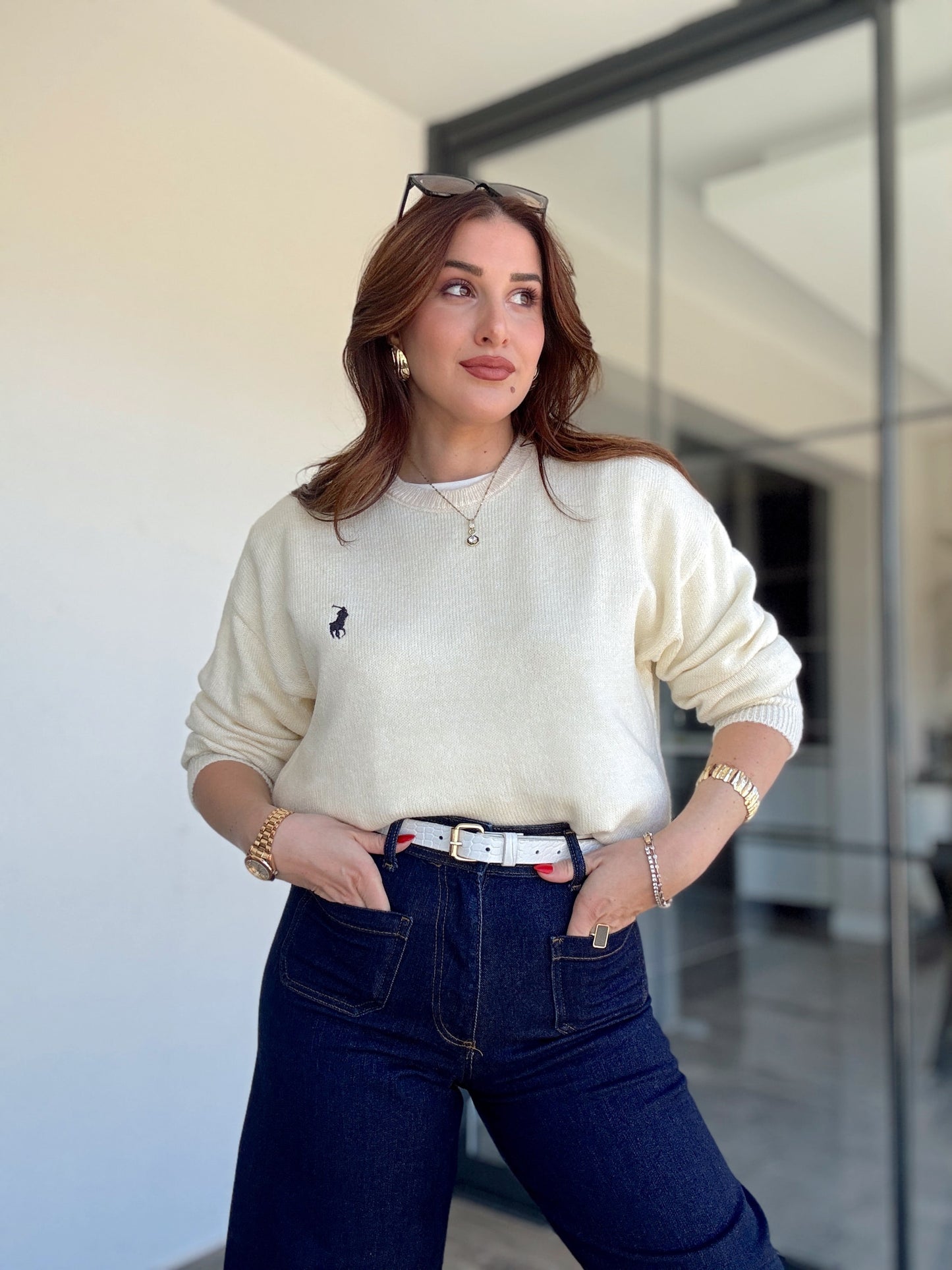 Nakışlı Oversize Triko Kazak Ekru