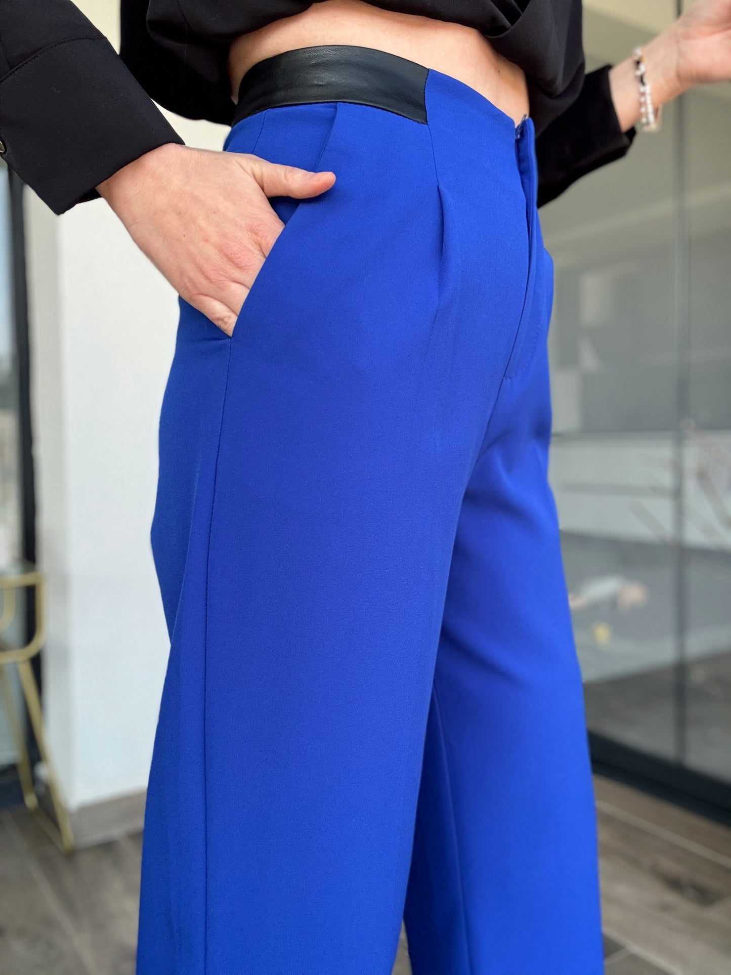 Deri Garnlili Milano Pantolon - SAKS MAVİ