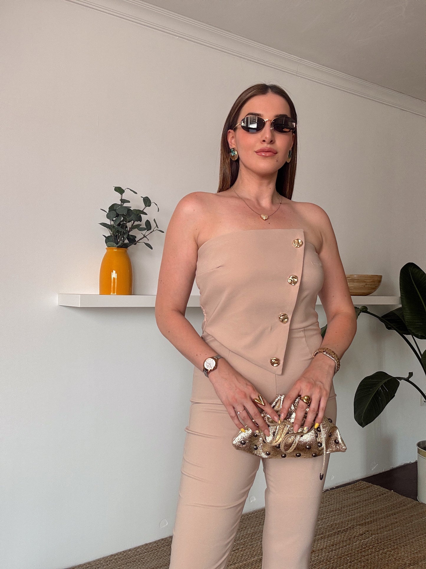 MİLENA gold düğme detaylı tulum TAŞ