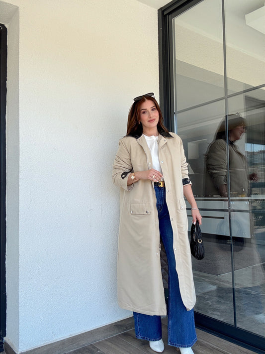 Yaka Deri Detay Uzun Kaban - BEJ