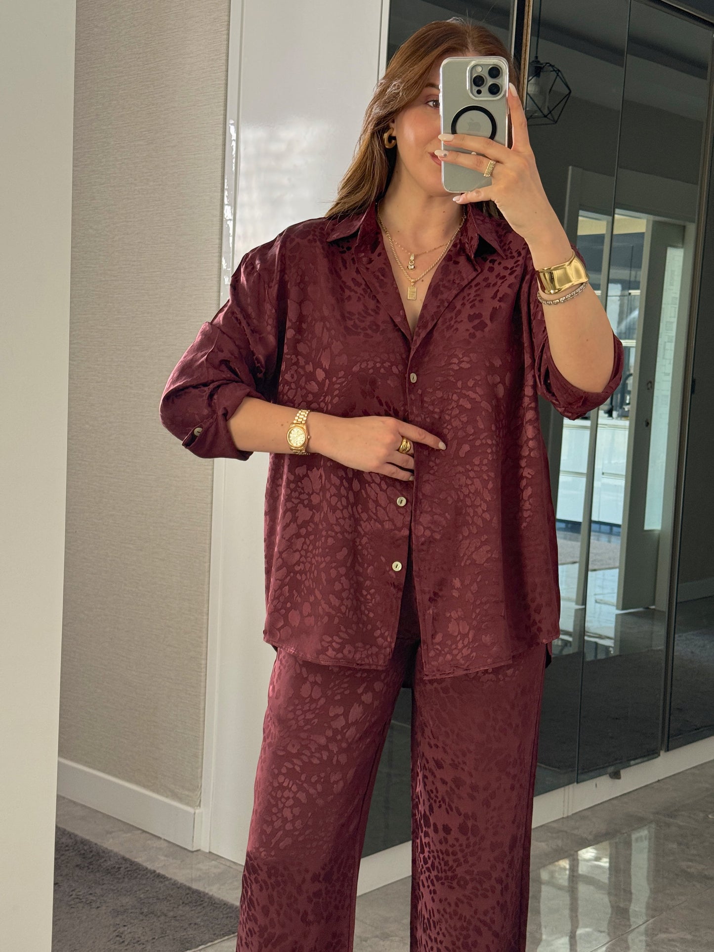 Leopar desenli İkili Takım Bordo