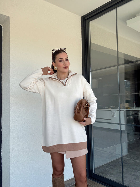 Yaka Renkli Fermuarlı Triko Kazak - LATTE CAMEL