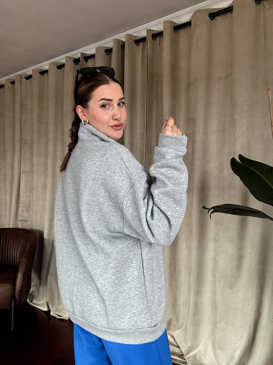 NYC Nakışlı Fermuarlı 3 İplik Şardonlu Sweatshirt- GRİ