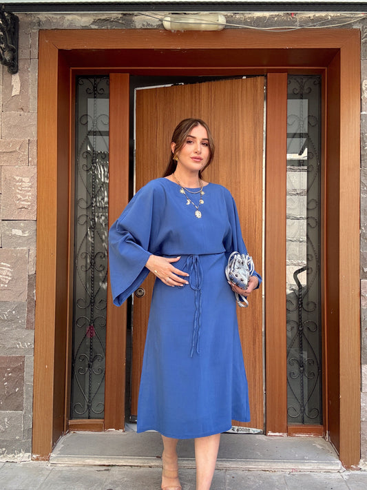 Bağlama Model Cupra bel Kuşaklı Yarasa Kol elbise Mavi