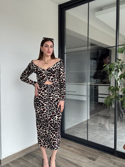 Leopar Desenli Fermuarlı Etek BORDO