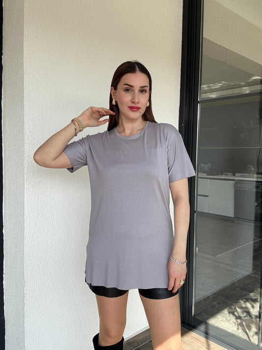 Viskon Sıfır Yaka Kısa Kol Tişört - GRİ