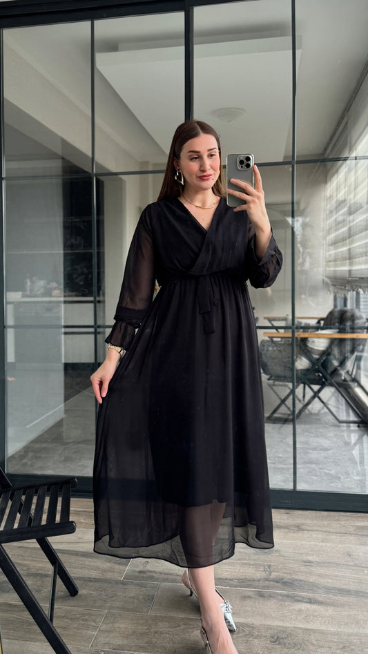 Midi Boy Kruvaze Elbise - SİYAH