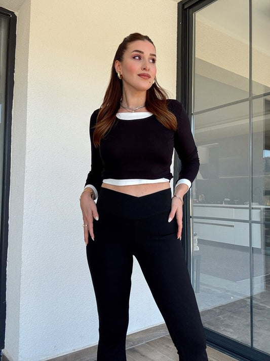 Mia ribanalı çapraz kemer ispanyol paça tayt-SİYAH