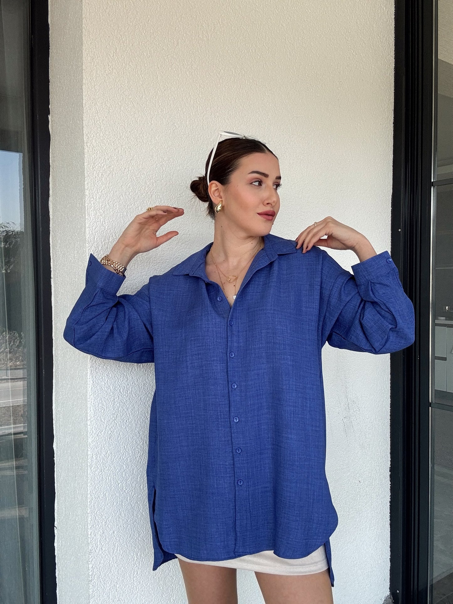Arka Çift Pens Oversize Keten Gömlek SAKS MAVİ