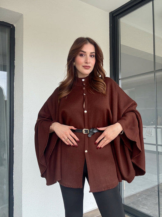 Kemerli düğmeli panço-KAHVERENGİ