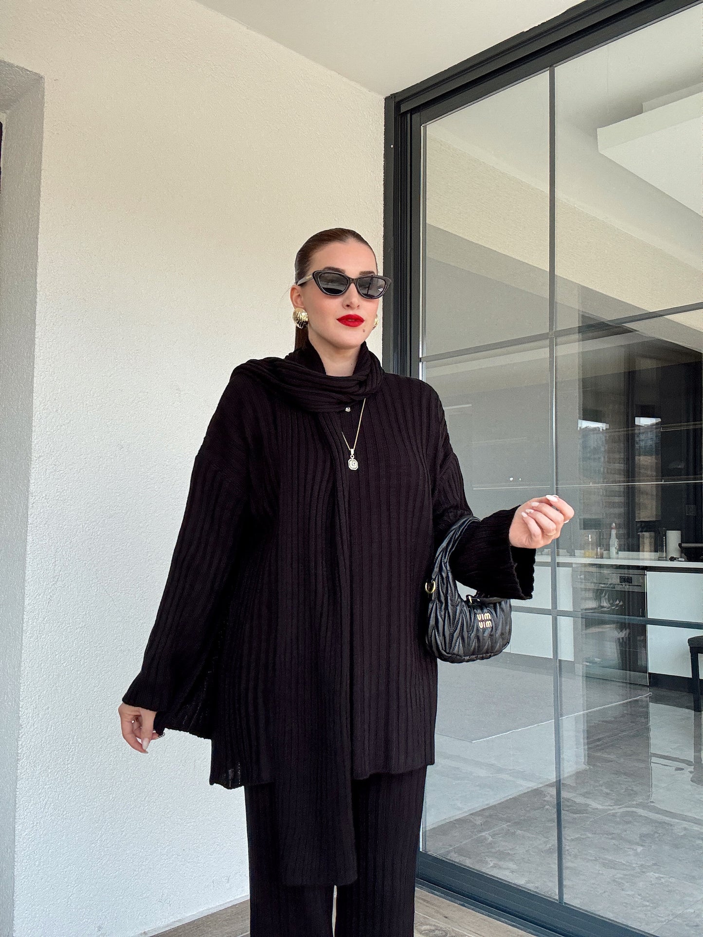 Şallı triko takım-SİYAH