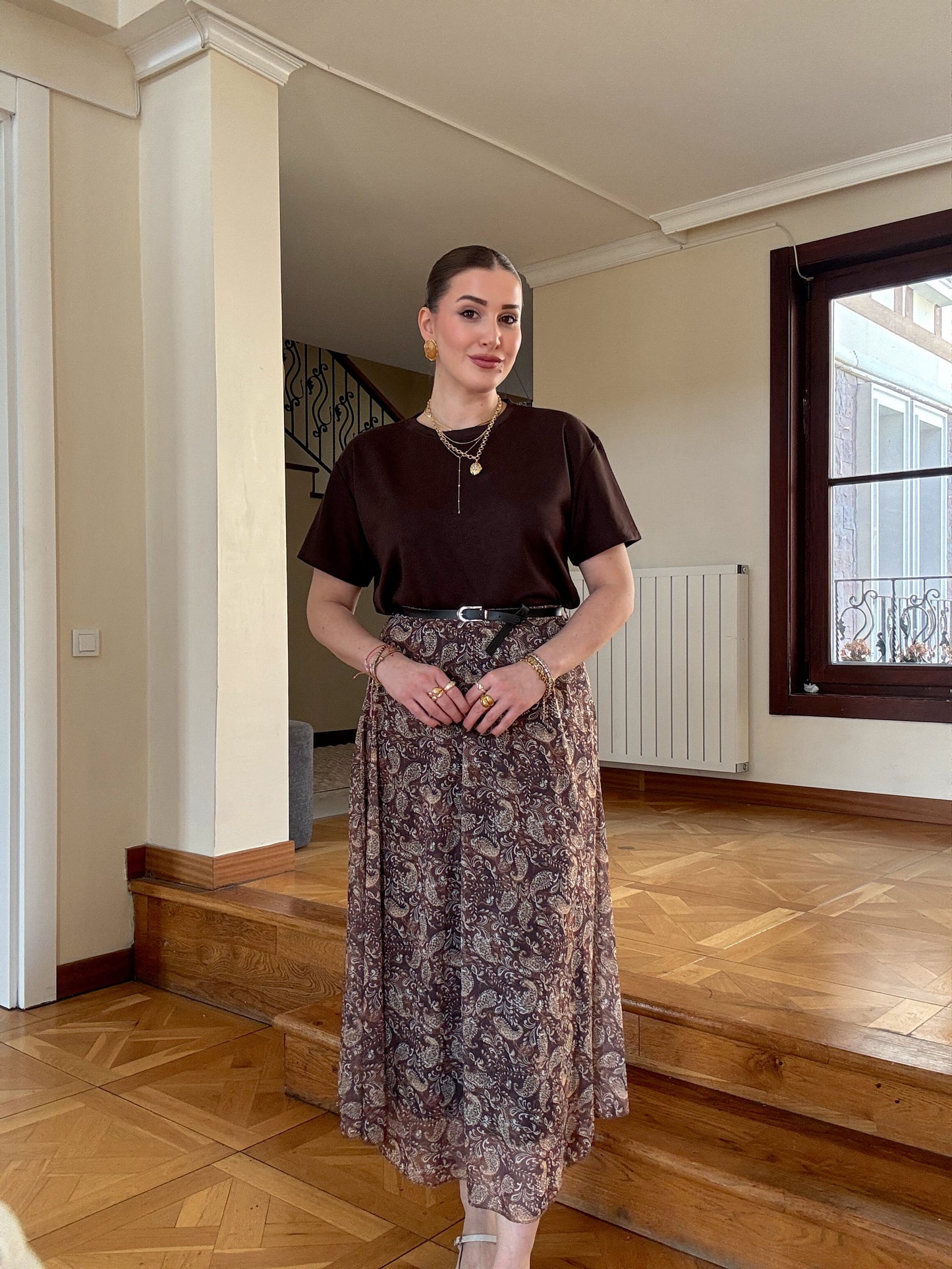 Düz kesim etnik desen kemerli etek Kahve