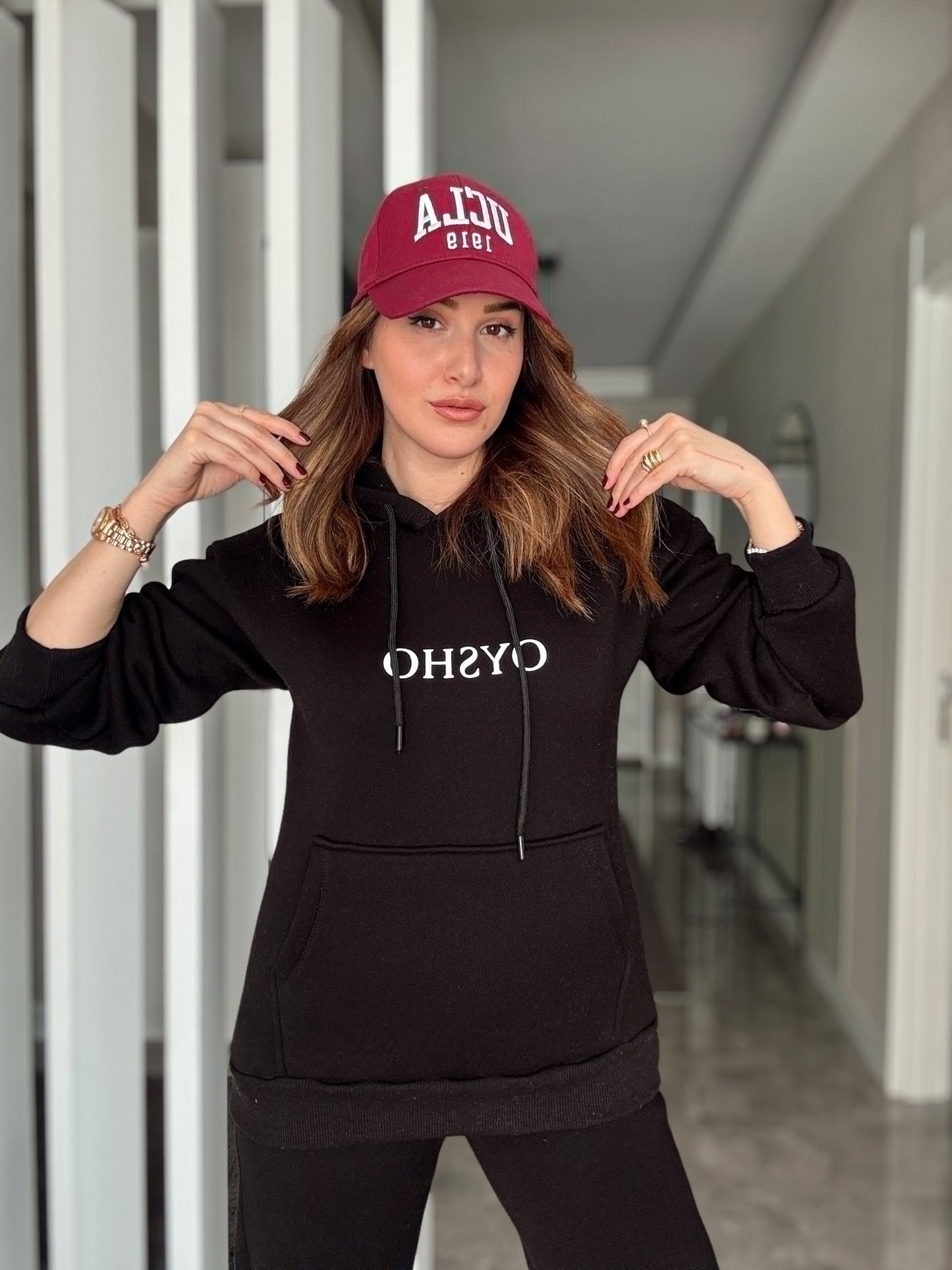OYSH Baskı Kaguru Cep Kapüşonlu 3 İplik Sweatshirt - SİYAH