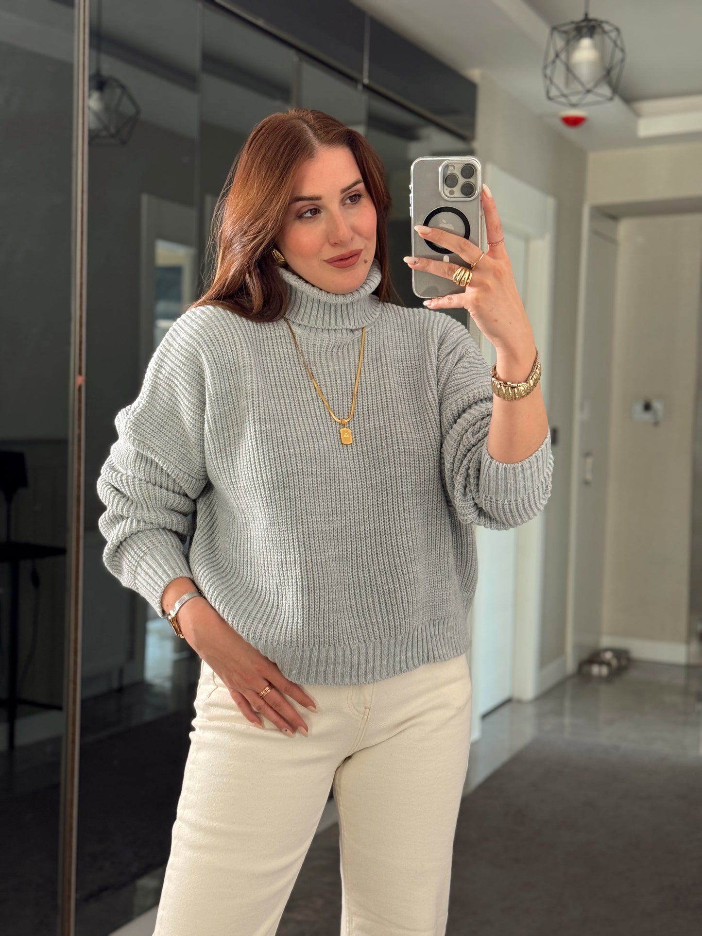 Balıkçı Yaka Selanik Örgü Kazak GRİ