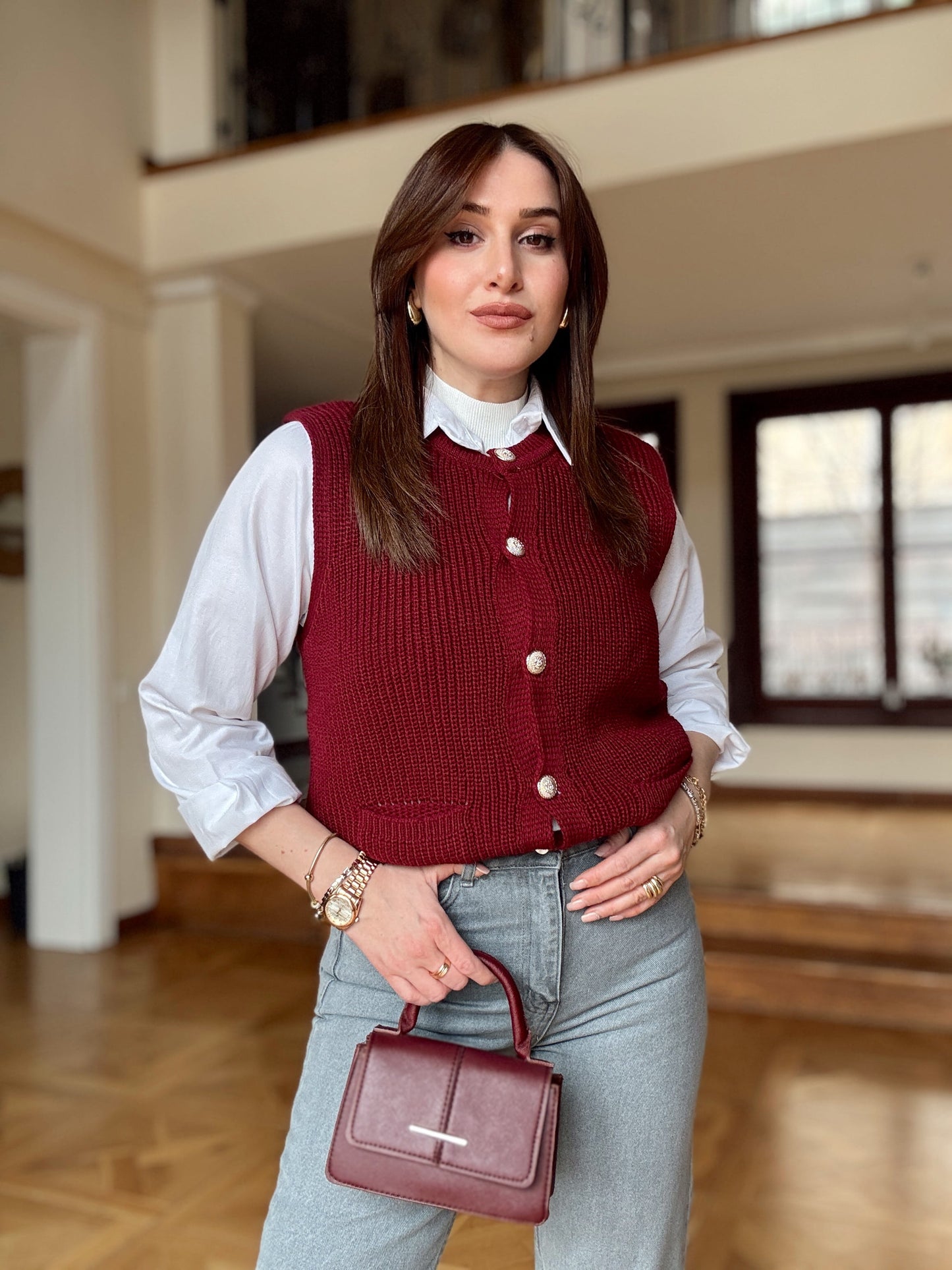Gold düğme detaylı Süveter Bordo