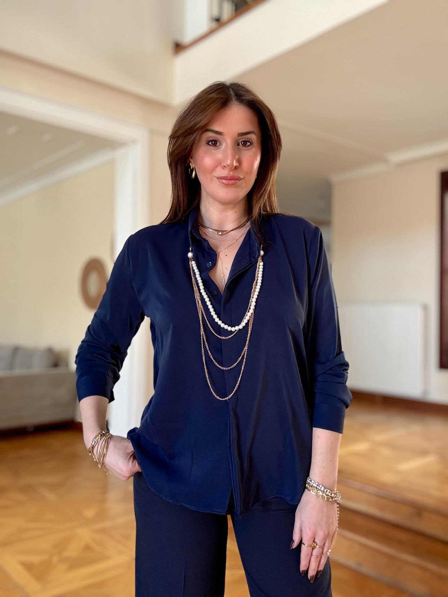 Kolye Aksesuarlı Gömlek-LACİVERT