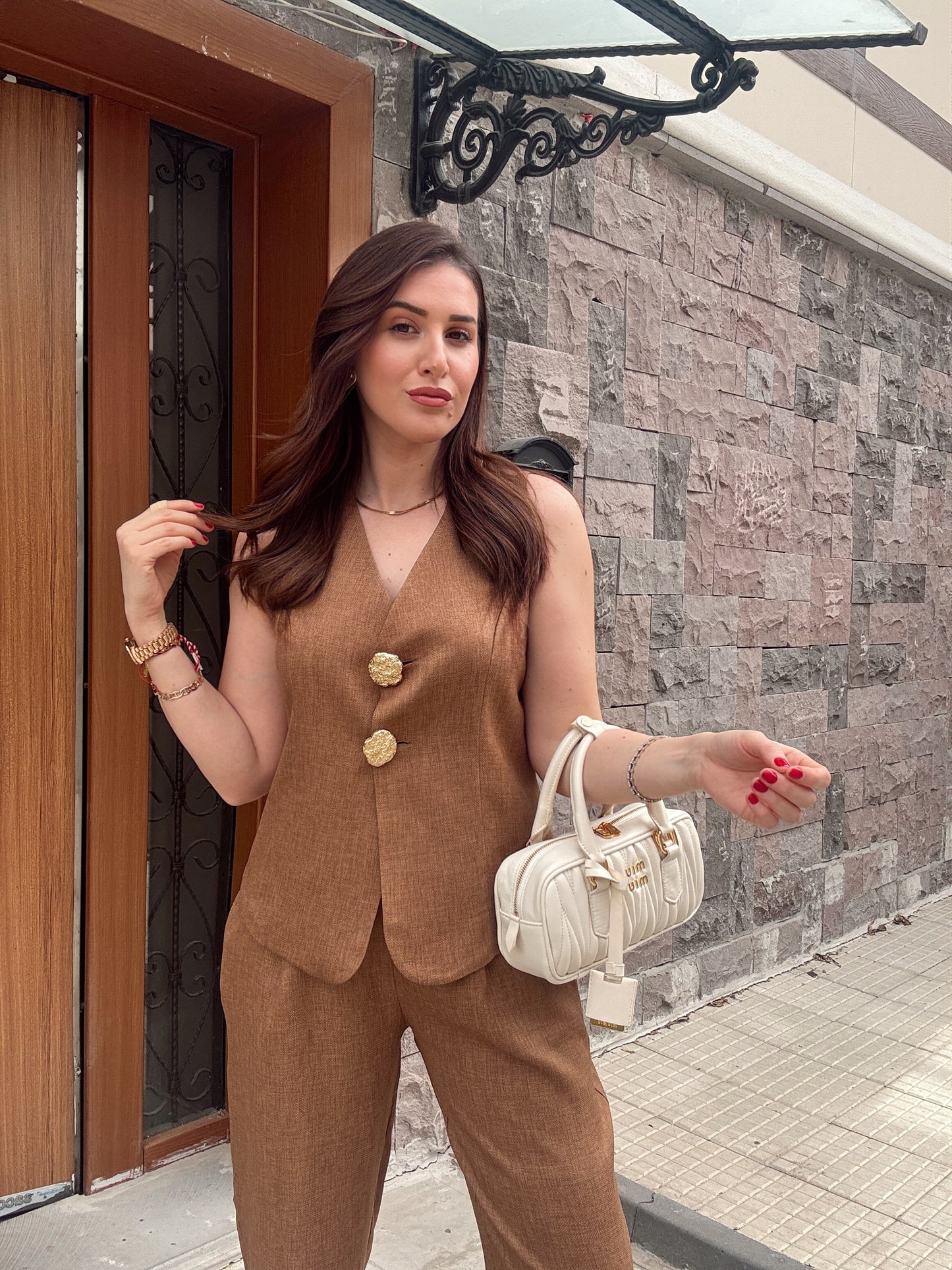 Arma Düğme Detaylı Yelekli Takım Kahve