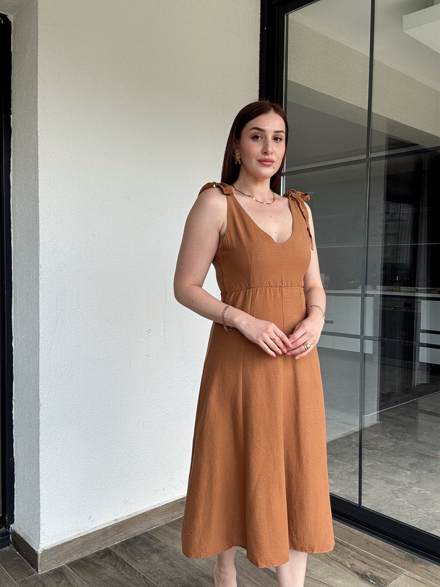 Omuz bağlama detay viskon elbise TABA