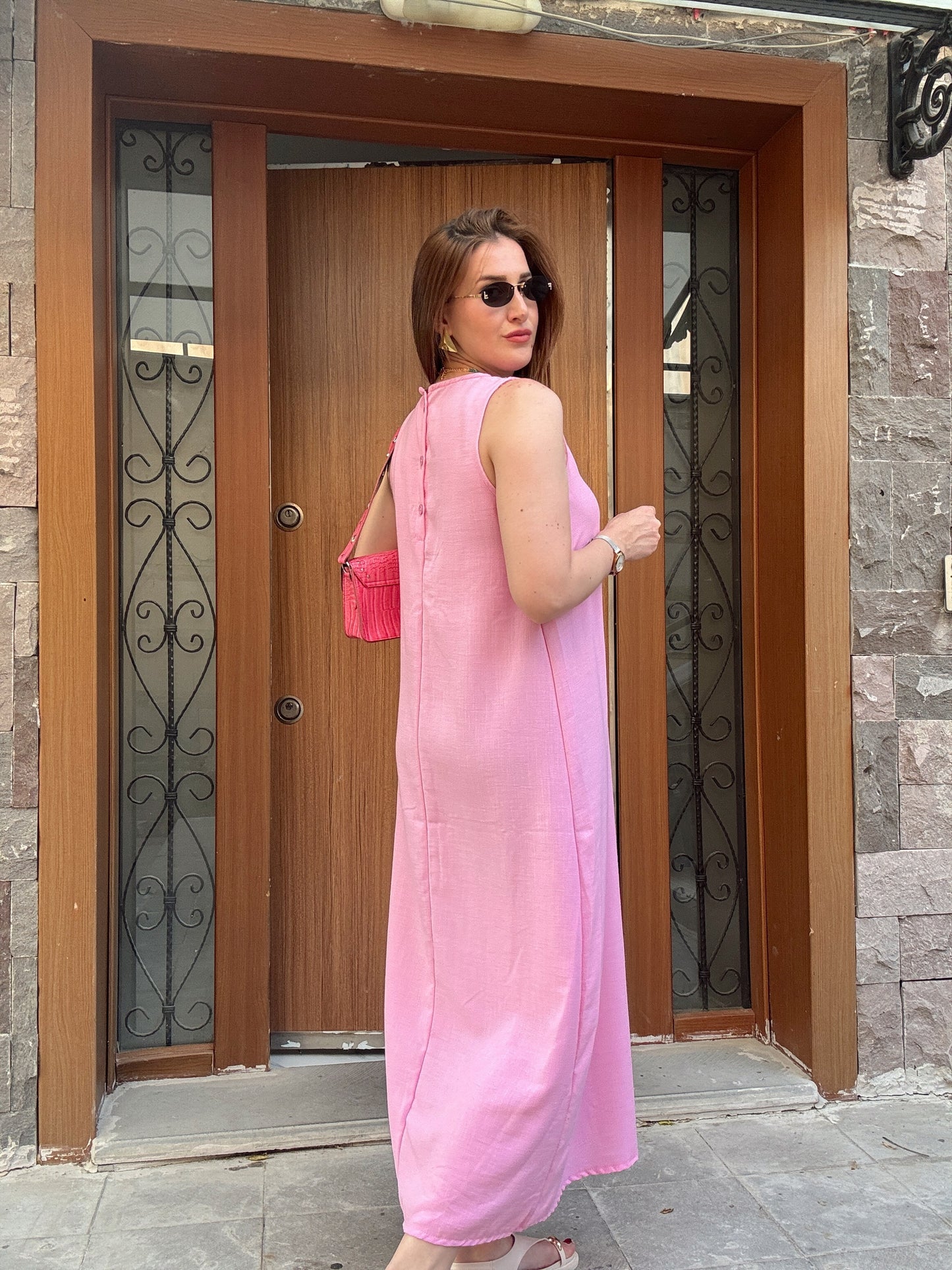 Bisiklet Yaka Düğmeli Keten Elbise Pembe